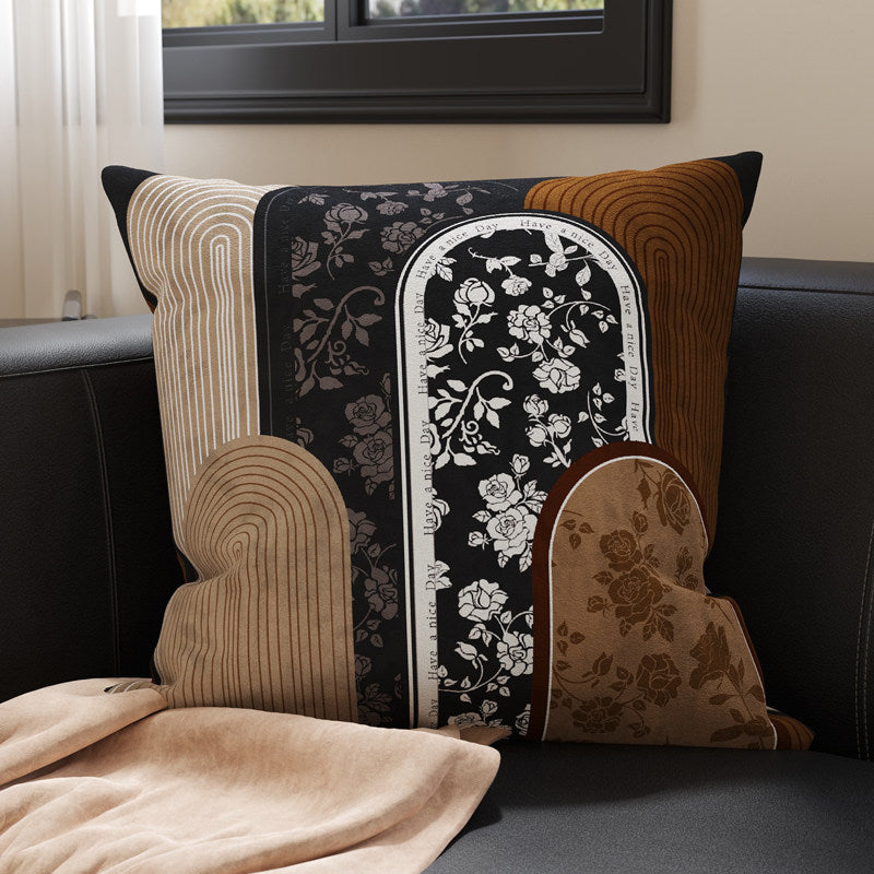 Decorative Square Velvet Throw Pillow Cover with Patchwork Quilted Stitch & Botanical Geometric Panels