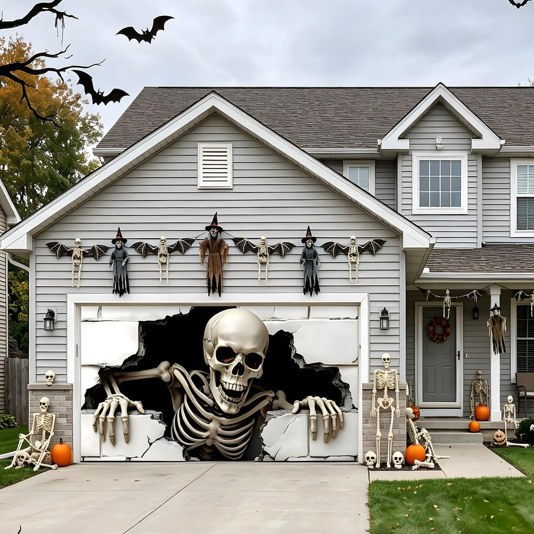 Großformatiger Halloween-Fotohintergrund aus wetterfestem Polyester mit geöstem Befestigungsrand und leuchtendem Haunted-House-Motiv