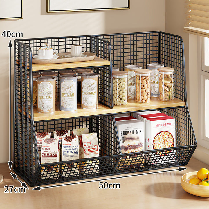 Multi-Ebenen Drahtgitter Arbeitsplatten Vorratsraum Organizer mit Holzregalen und Korb