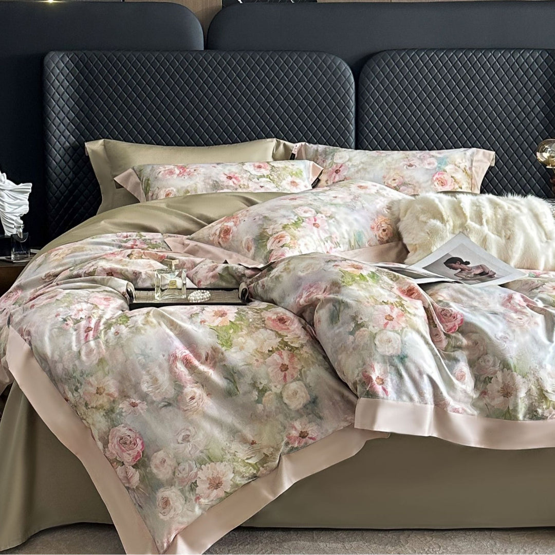 Seidene Blumen-Satin Bettbezug Set mit Satin Saum und Umschlagkissenbezügen