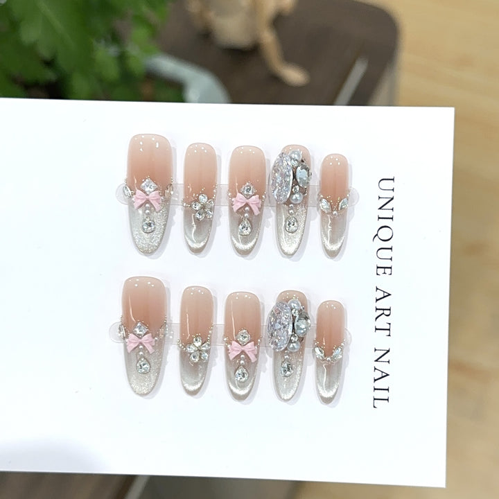 Glamouröse mit Strass und Schleife dekorierte Press-On Nagelset
