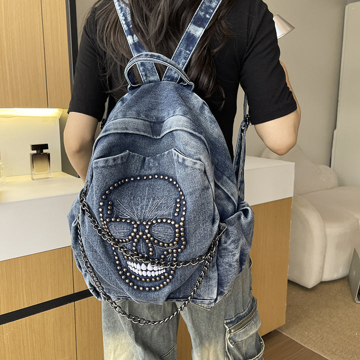 Edgy Skull Design Denim Rucksack