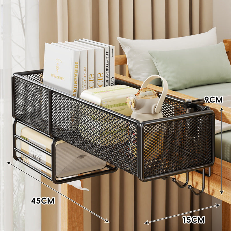 Klemmbares Mesh-Bettseitenregal mit mehreren Haken