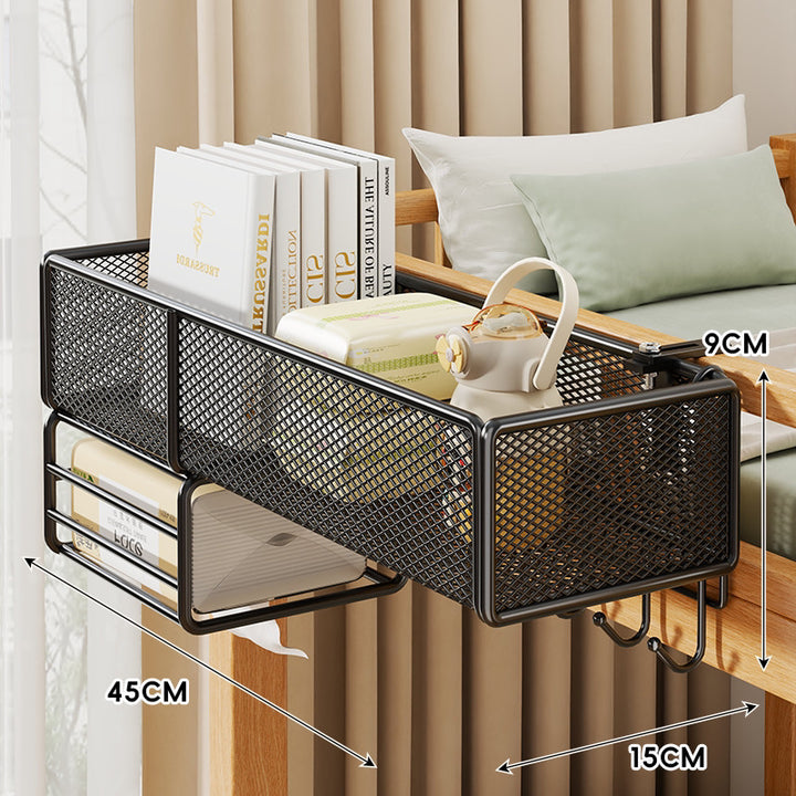 Klemmbares Mesh-Bettseitenregal mit mehreren Haken
