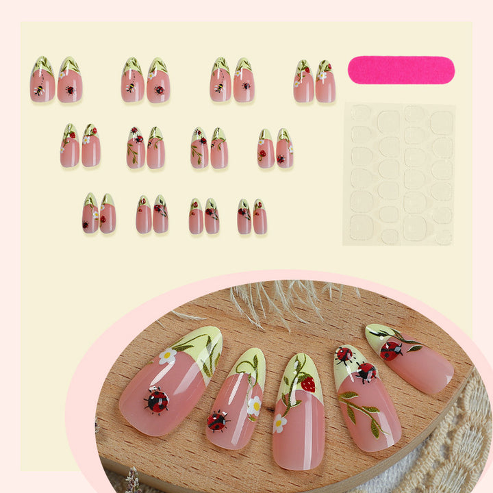 Floral Print Press-On Nails Set with Ladybug and Bee Designs Karnz