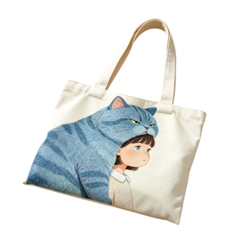 Illustrierte Katze und Junge Canvas Tragetasche