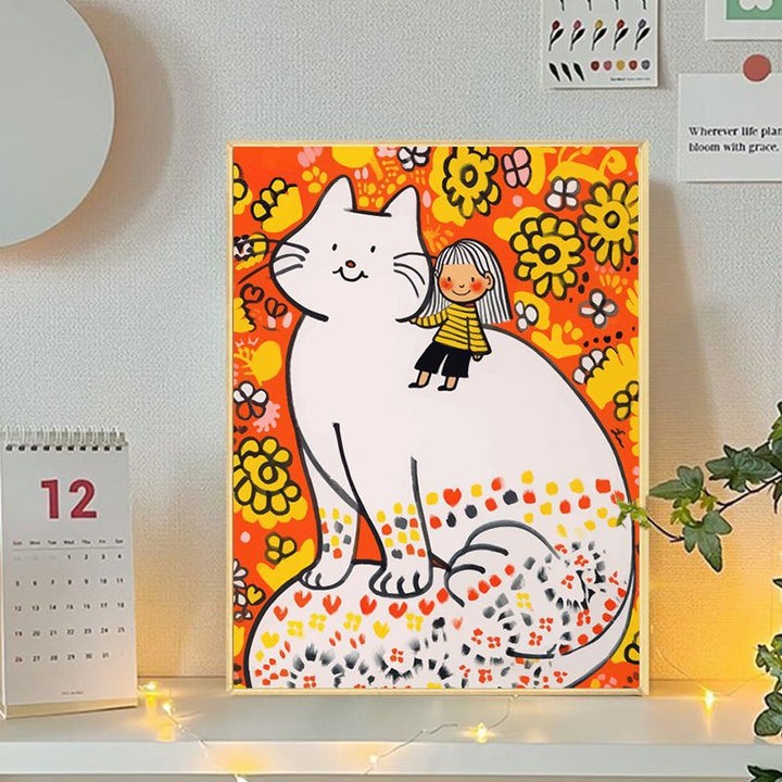 Verspielte Katzen- und Mädchenillustration Leinwandkunst Karnz