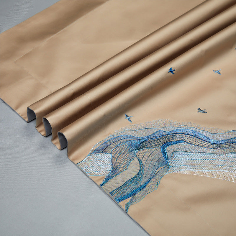 Luxus Baumwoll-Satin Bettwäsche Set mit fließendem Aquarell Wellenmuster & Oxford Kissenbezügen