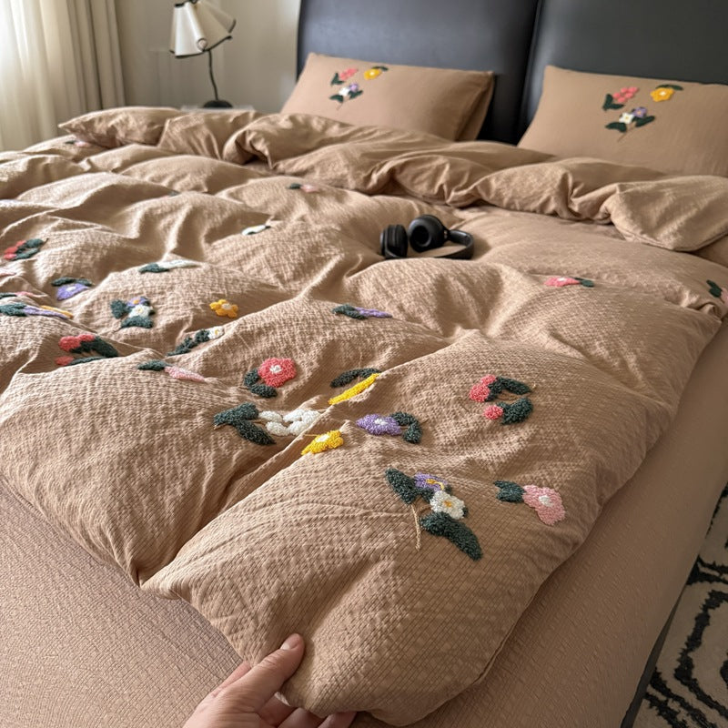 Texturiert Gesticktes Floral Bettbezug-Set mit Tufted Applikation