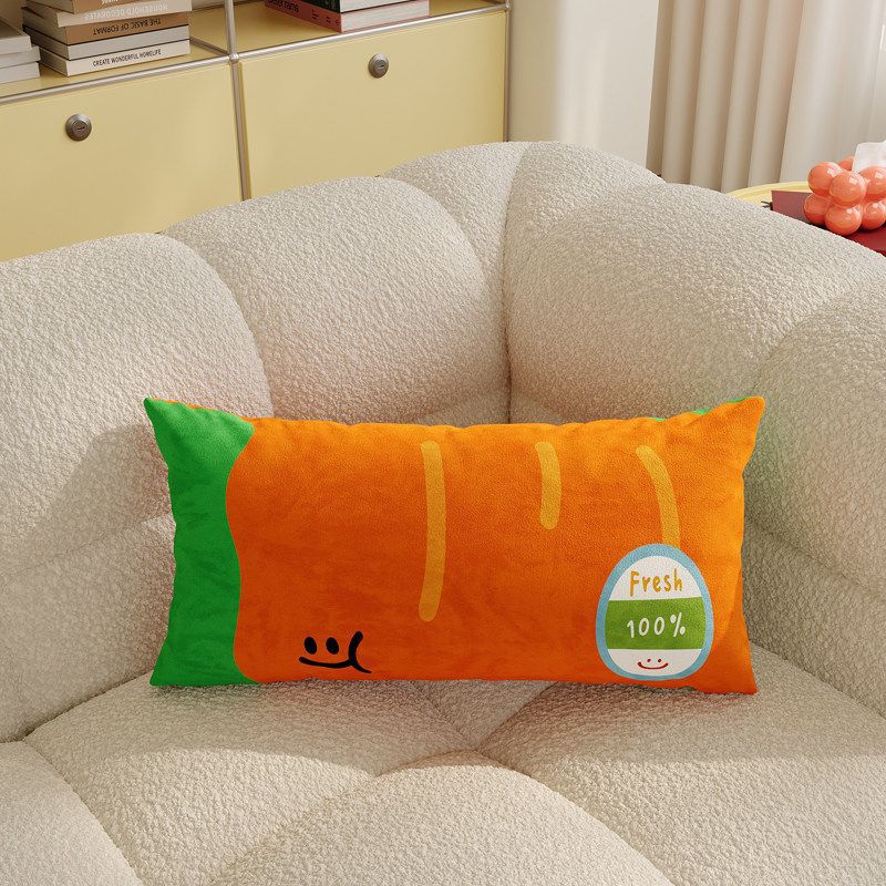 Plush Square Decorative Cushion with Cartoon Carrot Print and Checkerboard Backing