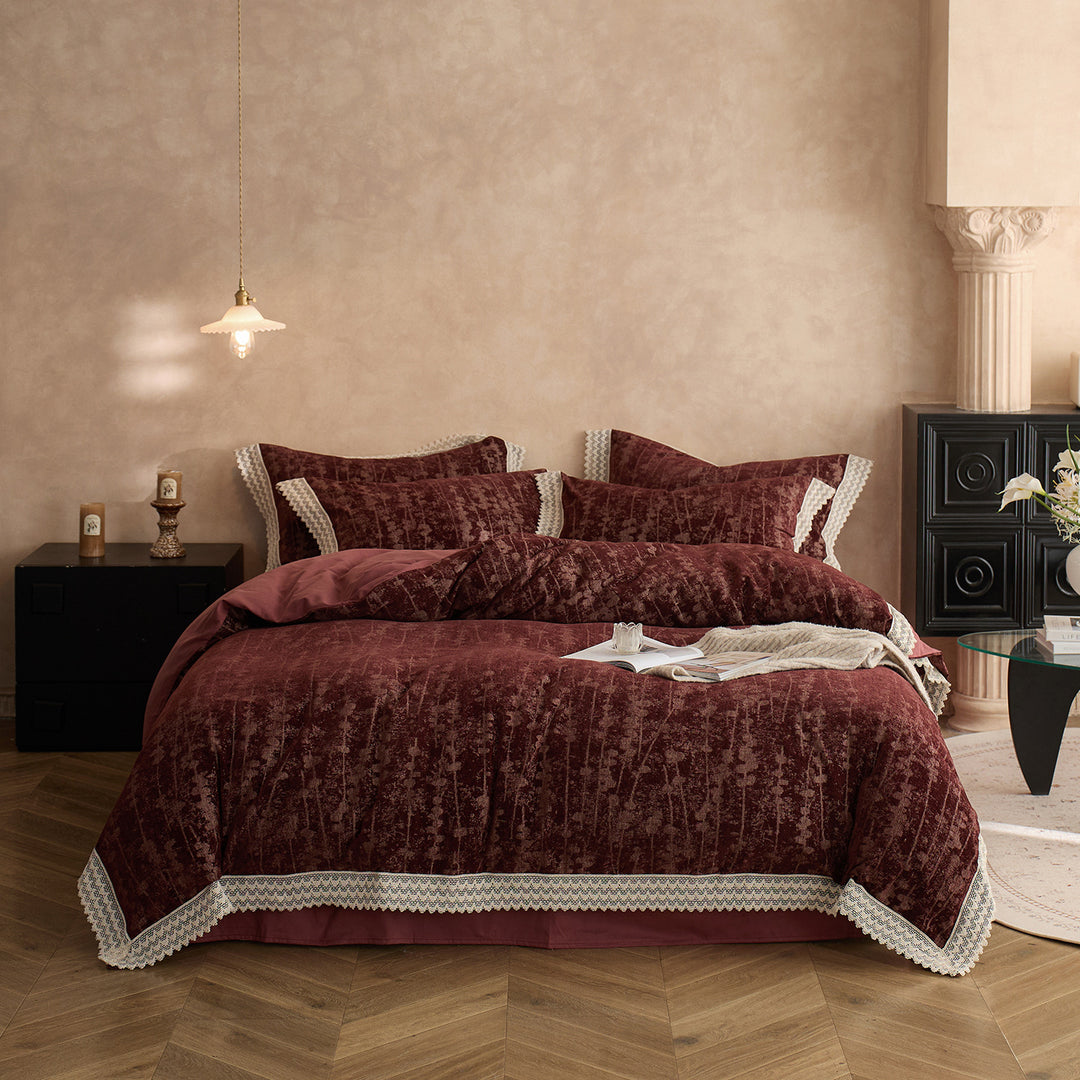 Crushed Velvet Lace-Trim Duvet Cover Set with Scalloped Pillow Shams