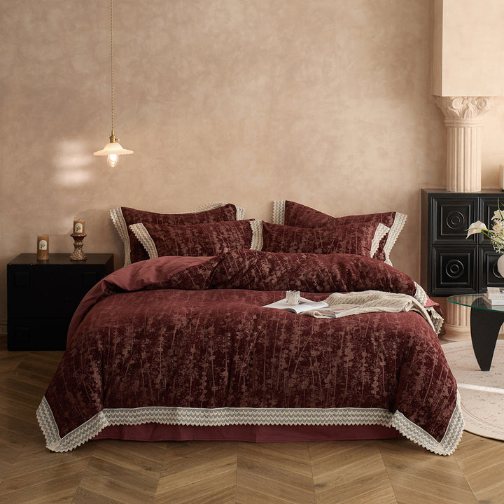 Crushed Velvet Lace-Trim Duvet Cover Set with Scalloped Pillow Shams