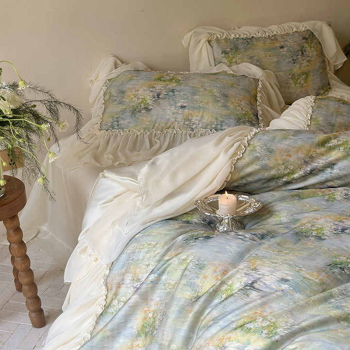 Luxuriöses Steppbett-Set mit Aquarell-Blumenmuster, Rüschen-Volant und Kissenbezügen