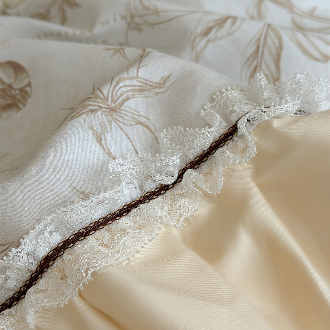 Florales Rüschensatin-Effekt Bettwäsche Set mit Spitzenbesatz Kissenbezügen