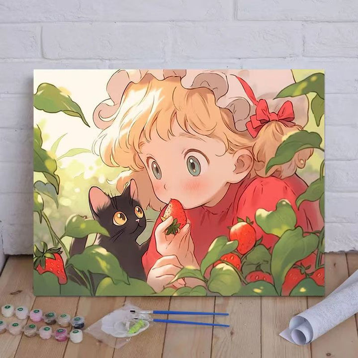 Cartoon Cat und Mädchen Themenleinwand Malset nach Zahlen Karnz