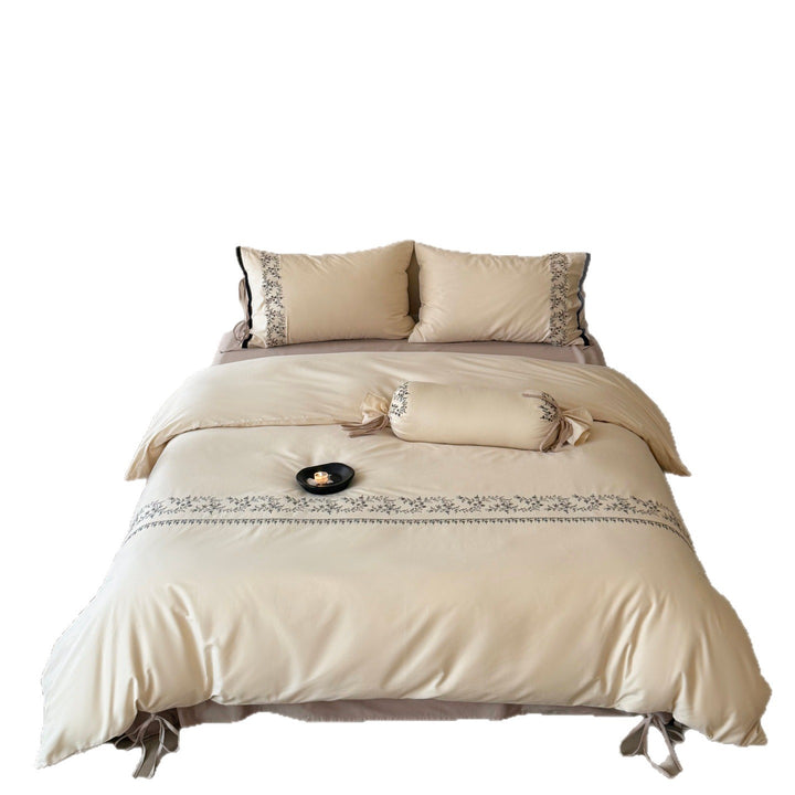 Bestickte Baumwollsatin Bettbezug Set mit Schlaufen-Kissenbezug und dekorativem Bolster