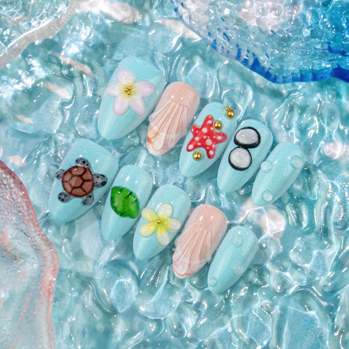 Künstlerisches, von Sommer inspiriertes Press-On Nagelkunst Set Karnz