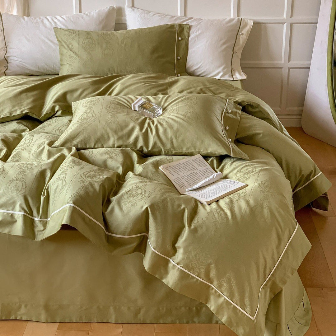 Luxuriöses Baumwollsatin-Bettwäscheset mit Damast-Jacquard und Kontrastpaspel