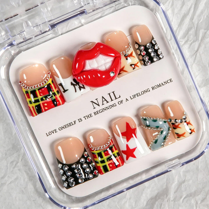 Künstlerisches Press-On-Nagelset mit lustigen Designs
