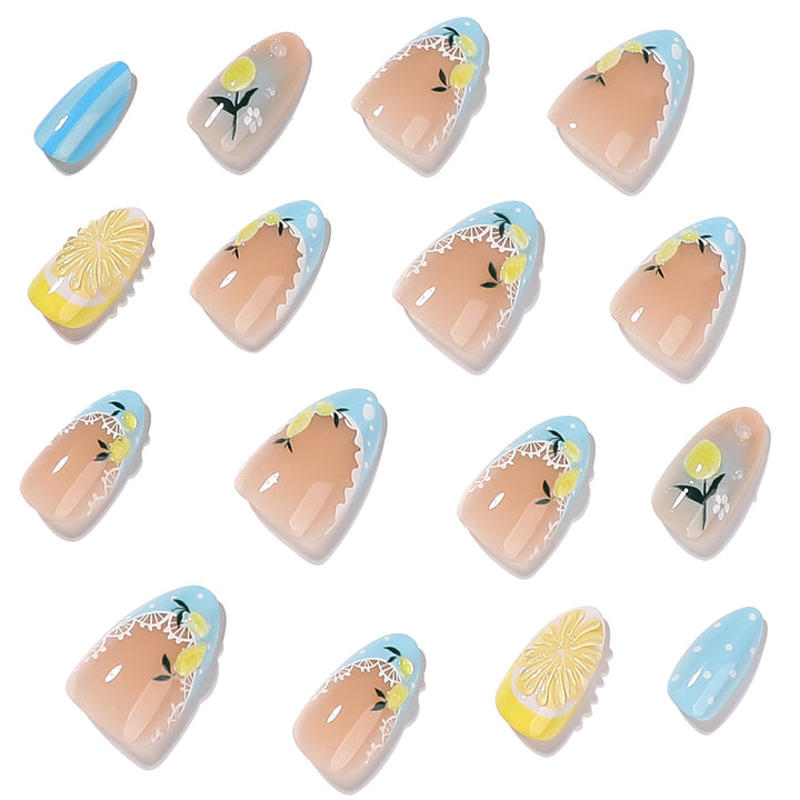 Künstliche Nagelkunst mit Zitronen- und Blütenmotiven Karnz