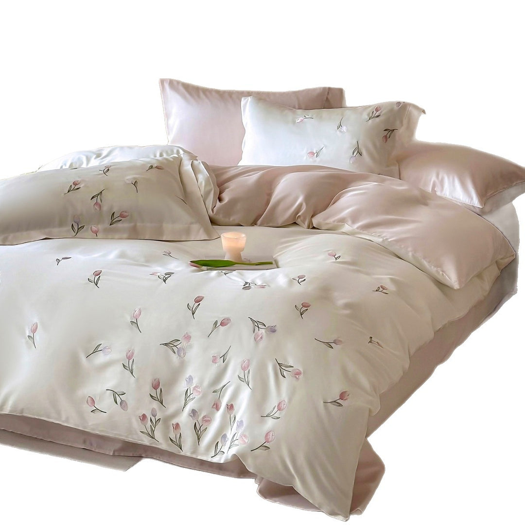 Seiden-Effekt Botanisch Besticktes Bettbezug-Set mit Micro-Satin Rückseite