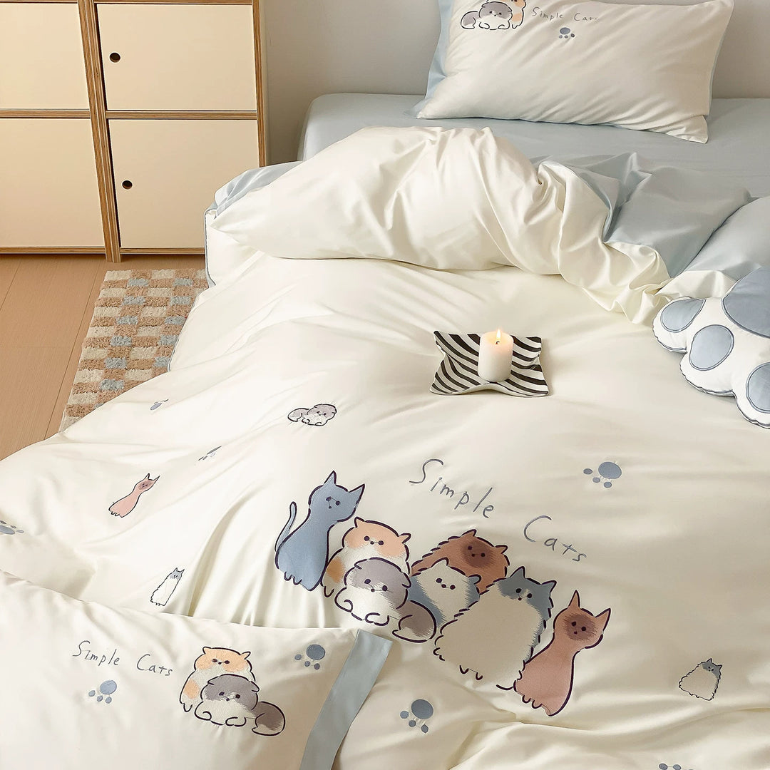 Baumwollsatin Bettbezug Set mit süßem Cartoon-Katzen Druck und passenden Kissenbezügen