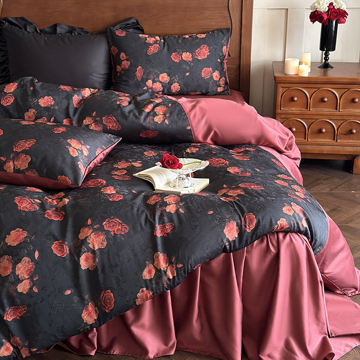 Luxuriöse Satin-Bettwäsche-Garnitur mit Rosenmuster und wendbarem Bezug
