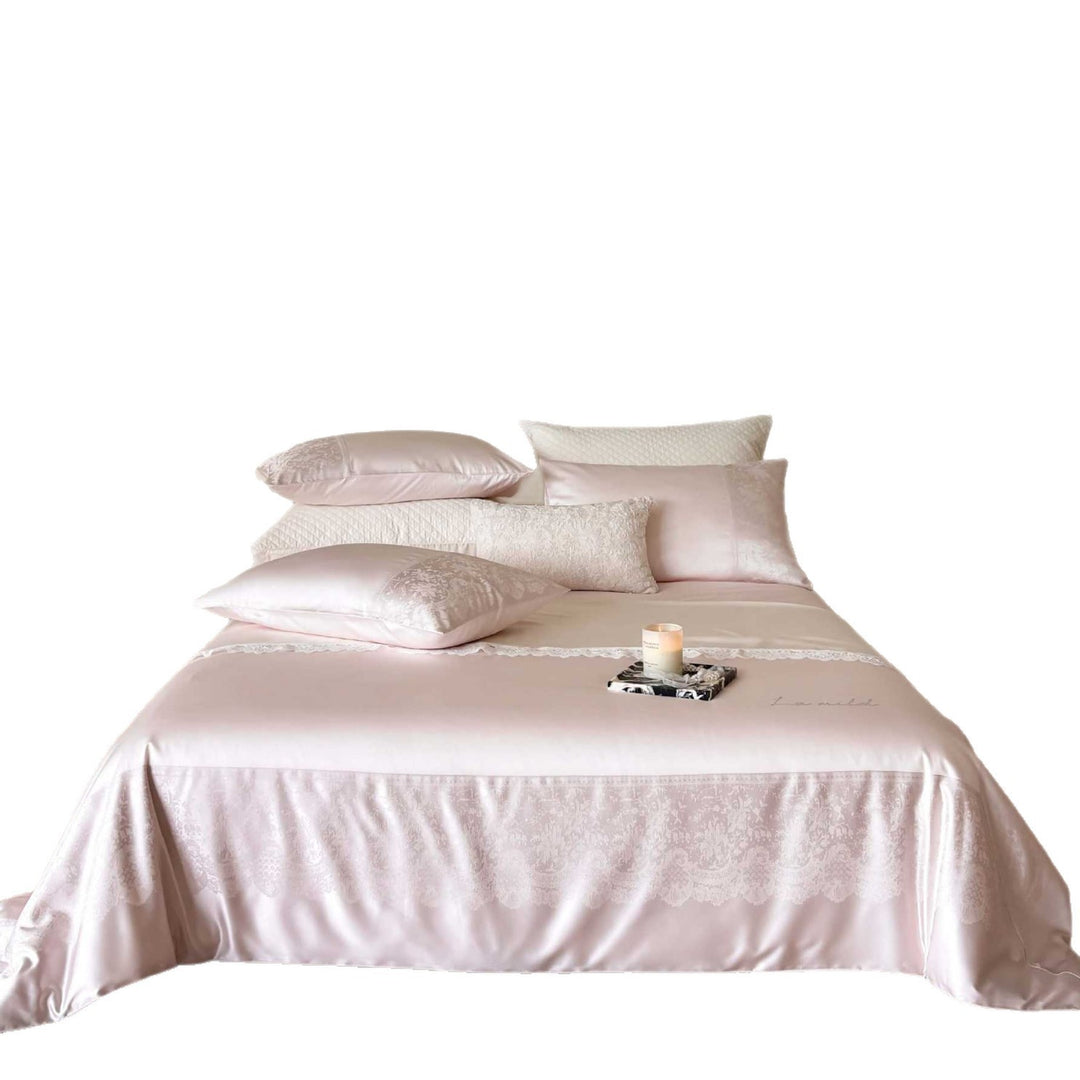 Luxuriöse Jacquard-Satin-Bettdecke und Bettbezugsensemble mit Spitzenrandrock