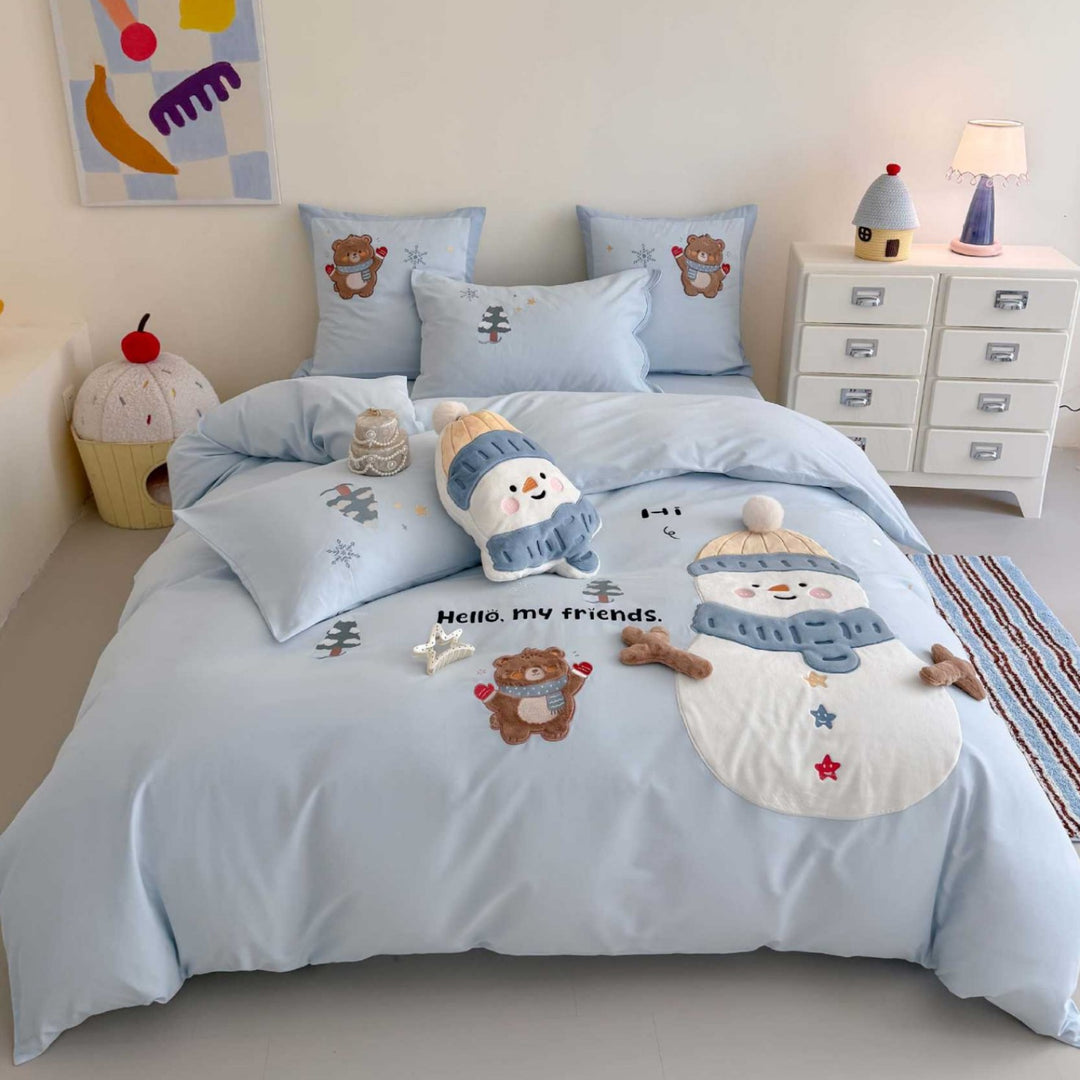 Bestickte Satin-Feel Kitty Applikation Bettbezugset mit geflanschten Kissenbezügen