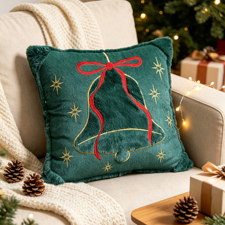 Luxuriös besticktes Samt Weihnachts-Wurfkissen mit Kunstfell-Fransen
