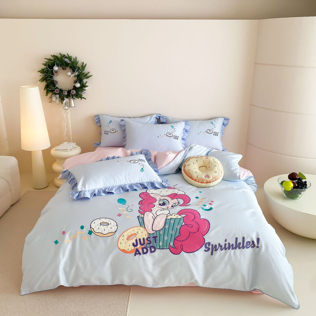 Cartoon Pony Rüsch Satin Bettbezugs Set