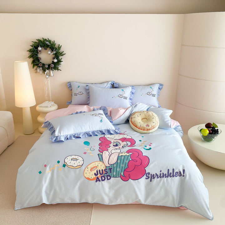 Cartoon Pony Rüsch Satin Bettbezugs Set
