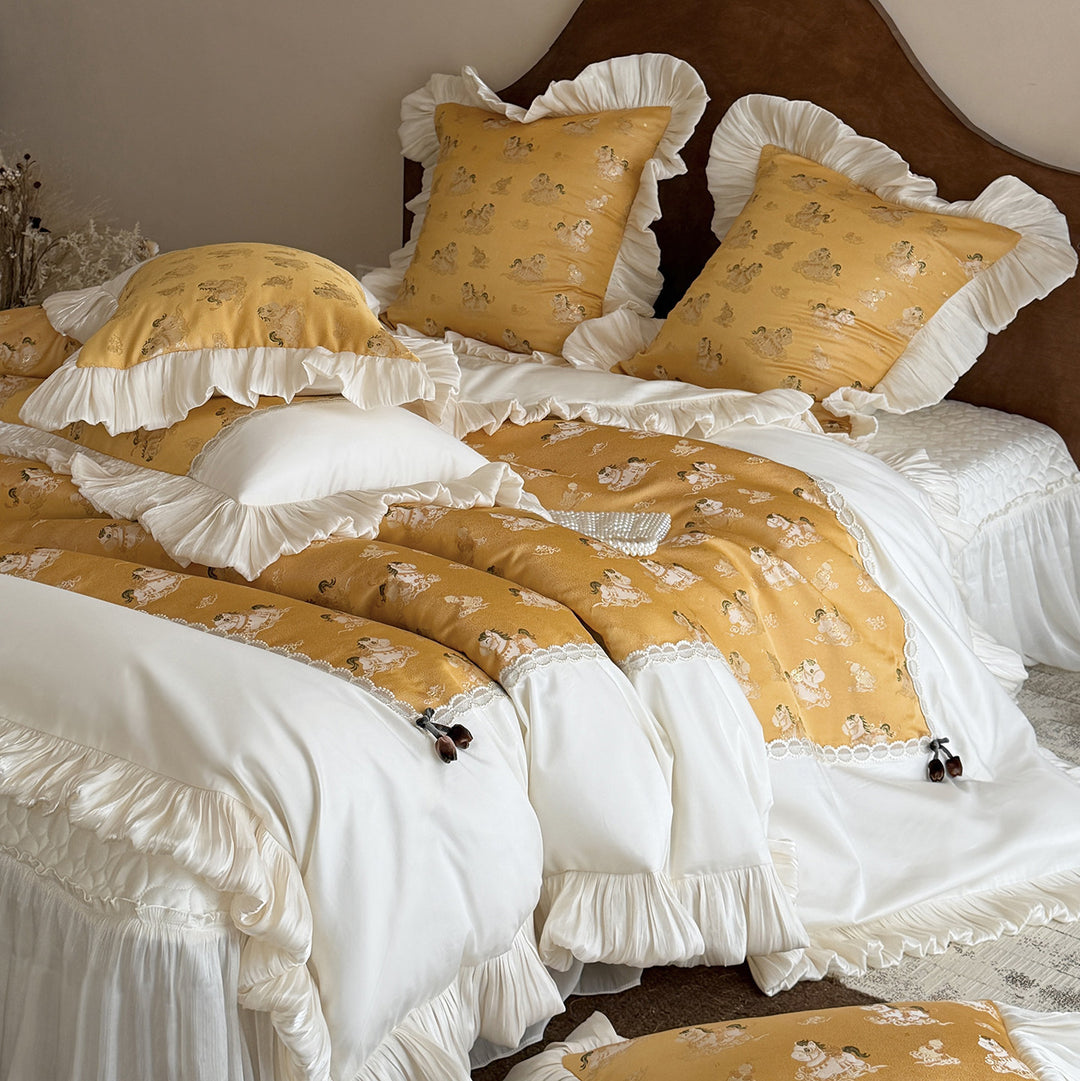 Rüschen Satin-Trim Quilt Bettbezug Set mit Spitzen-Einsätzen