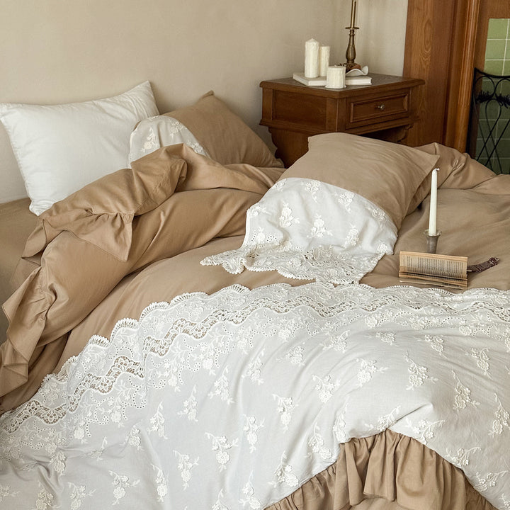Ruffled Lace-Trim Cotton Sateen Duvet Cover Set with Skirted Base and Embroidered Overlay