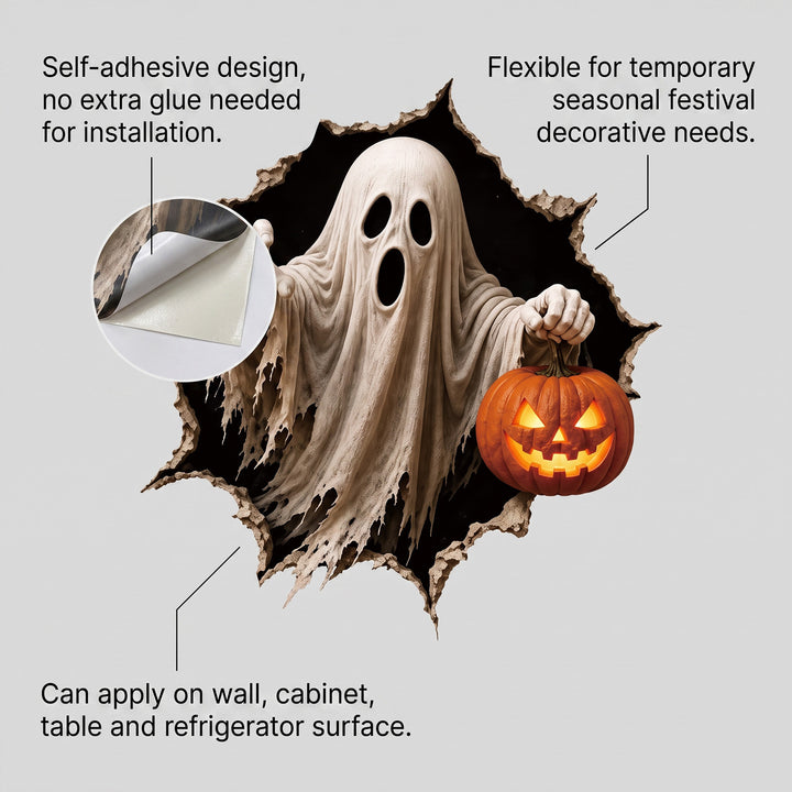 Realistisches 3D Wandtattoo Halloween‑Hexe mit durchbrechender Wand und Süßigkeiten