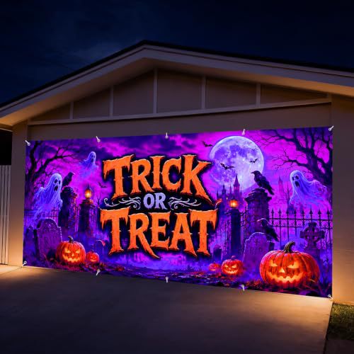 Großformatiger Halloween-Fotohintergrund aus wetterfestem Polyester mit geöstem Befestigungsrand und leuchtendem Haunted-House-Motiv