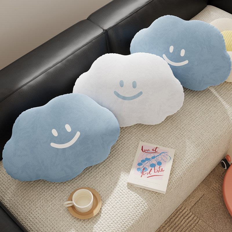 Cloud-Shaped Plush Decorative Throw Pillow with Smiley Face Velvet Cover