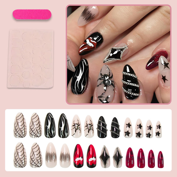 Kunstnagelset mit gruseligen Halloween-Motiven und 3D-Verzierungen Karnz