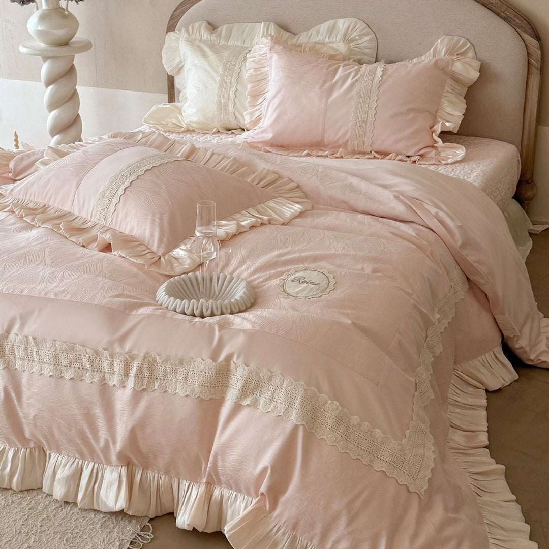 Rüschenspitzen-Satin-Akzent Bettwäsche Set