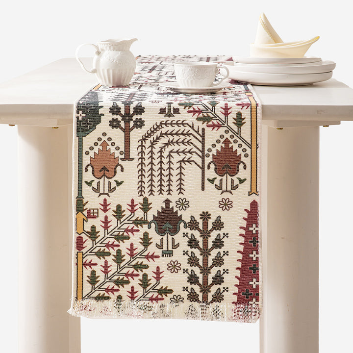 Gewebter Tischläufer mit Blumenjacquard, Fransen und Baumwollmix