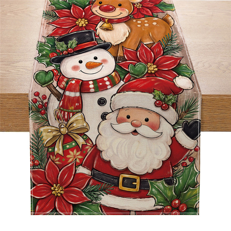 Festlicher Weihnachts-Tischläufer mit Santa, Schneemann & Rentier-Illustration