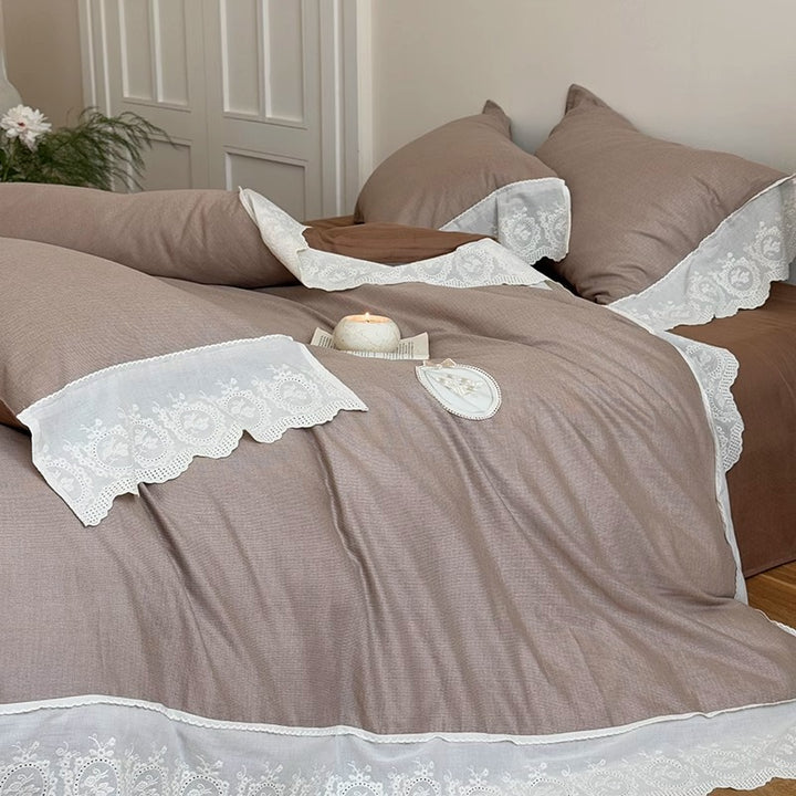Rüsch Lace-Trim Baumwolle Duvet Cover Bettwäsche Set mit gewelltem gesticktem Saum