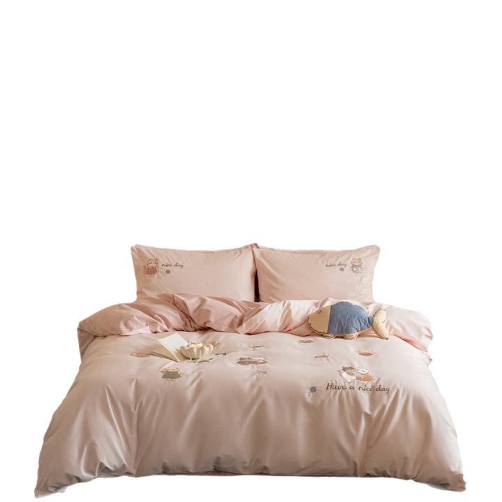 Bestickte Mini-Rose Baumwollsatin Bettwäsche Set mit Schriftzug und umkehrbarem uni Rücken