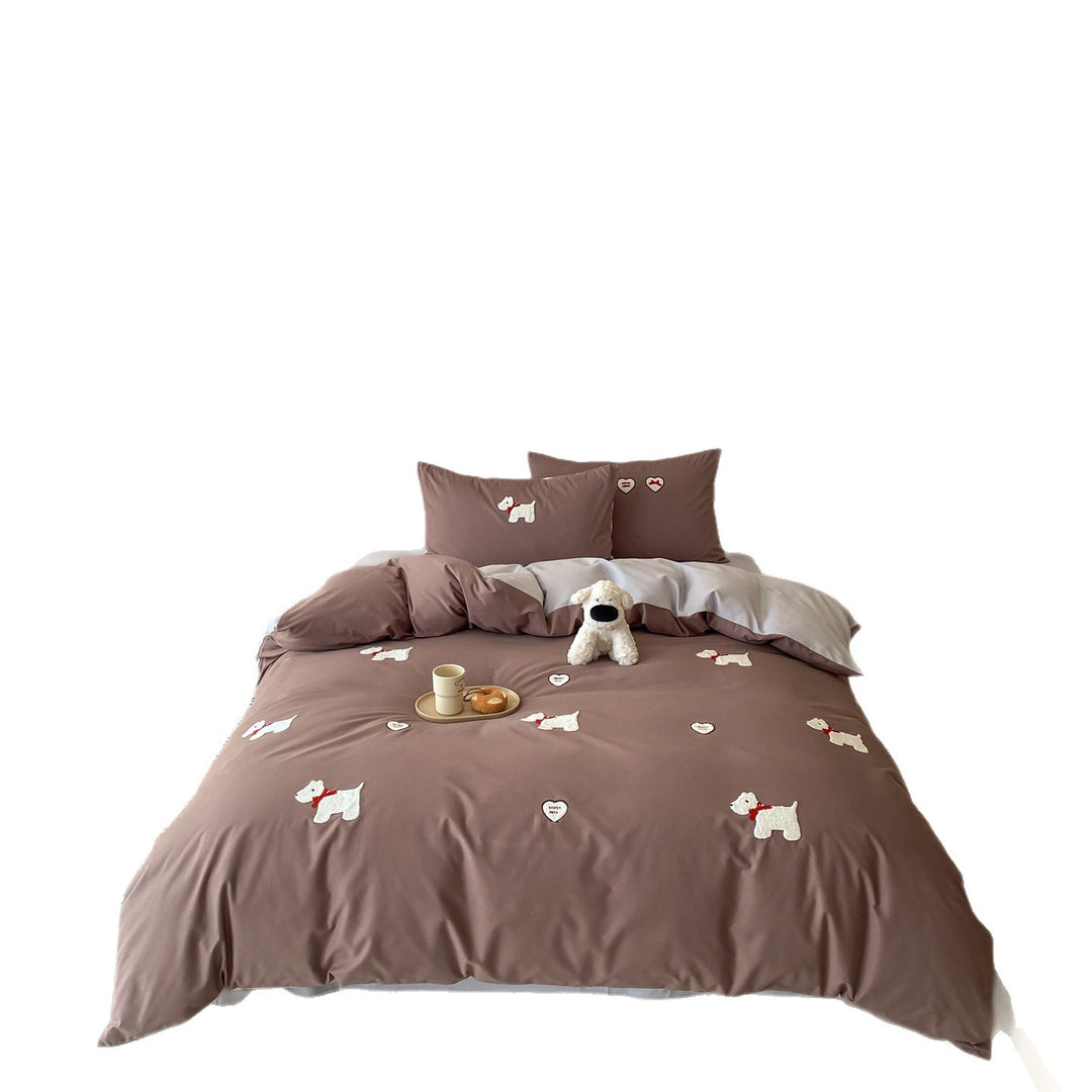 Bestickte Baumwollsatin Bettbezug Set mit Terrier Applikation