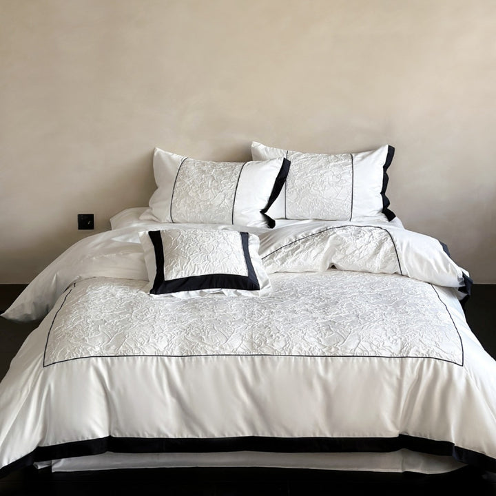 Cotton Sateen Textured-Panel Duvet Cover Set with Piped Border & Accent Cushion