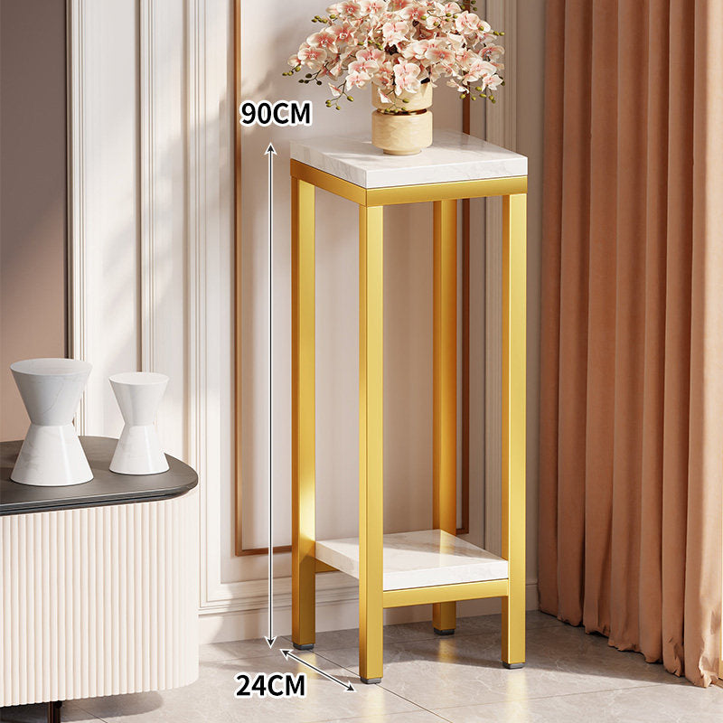 Schmaler hoher Pflanztisch Beistelltisch mit Marmoroberfläche, unterem Regal und goldenem Metallrahmen