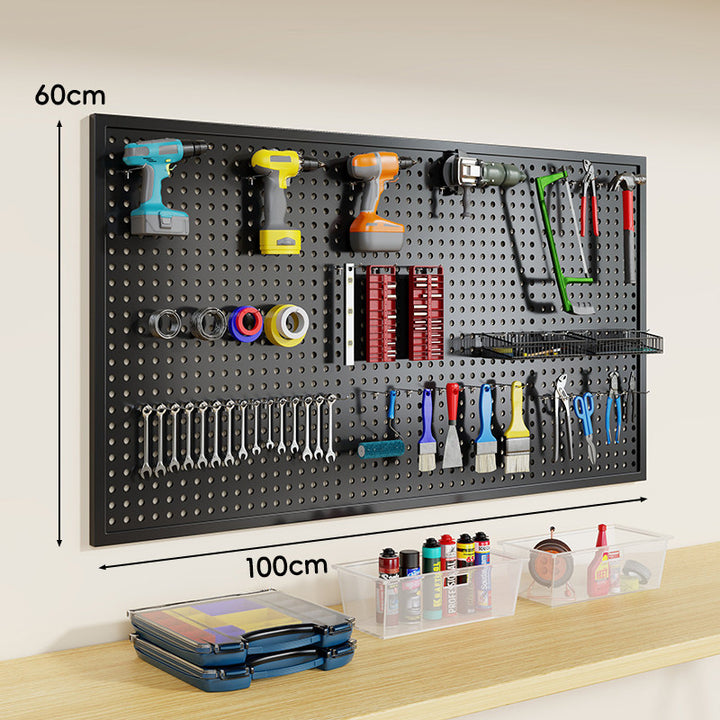 Wandmontiertes perforiertes Metall-Pegboard-Werkzeugorganisator-Panel mit modularen Haken und Aufbewahrungsbehältern