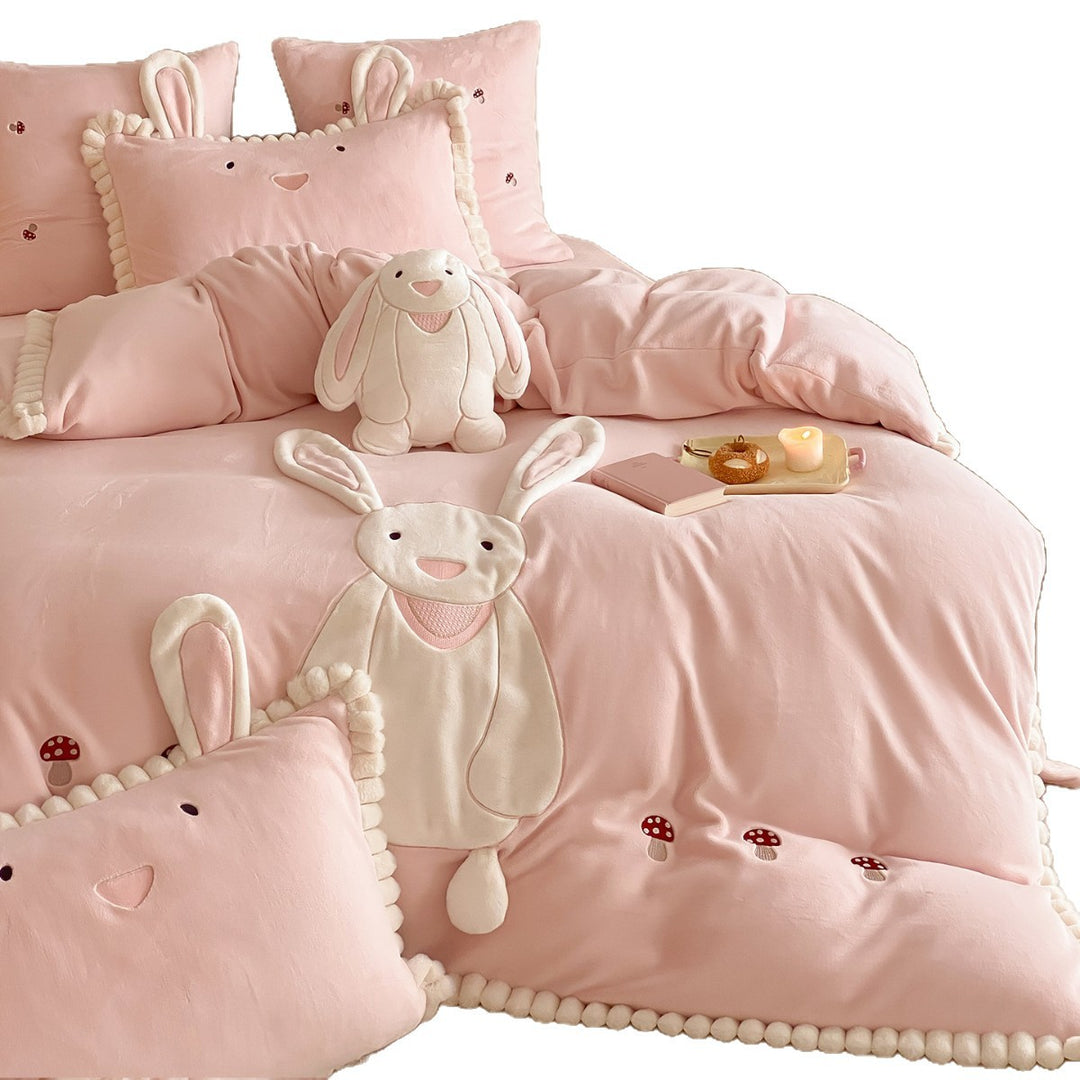 Plüschkaninchen Applikation Bettbezug Bettwäsche Set mit Pom-Pom Saum und gestickten Pilzakzenten