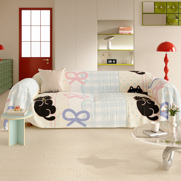 Reversible Stretch Sofa Slipcover with Pastel Cartoon Patchwork Texture