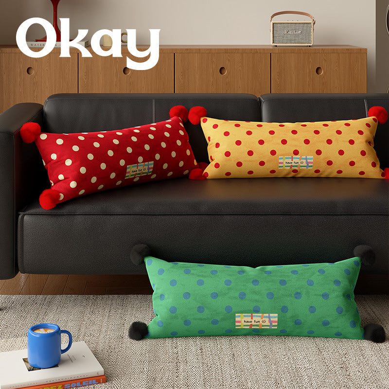 Decorative Polka Dot Lumbar Pillow with Corner Pom-Poms
